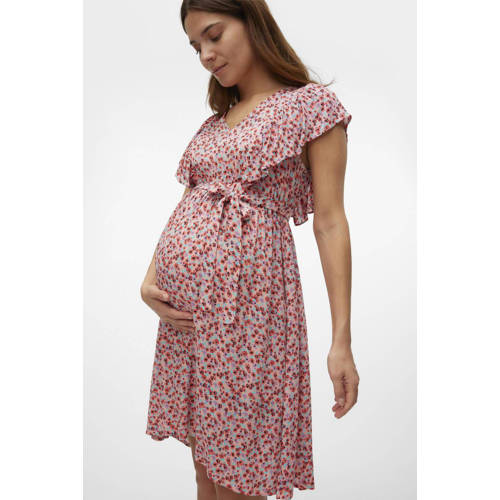 Mamalicious zwangerschaps- en voedingsjurk MLNIKI met all over print en ruches roze Dames Viscose V-hals XL