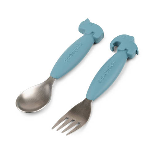 Done by Deer Easy-grip spoon and fork set Deer friends Blue Bestek