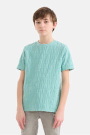 thumbnail: Lichtblauwe jongens Shoeby T-shirt van stretchkatoen met tekst print, korte mouwen en ronde hals