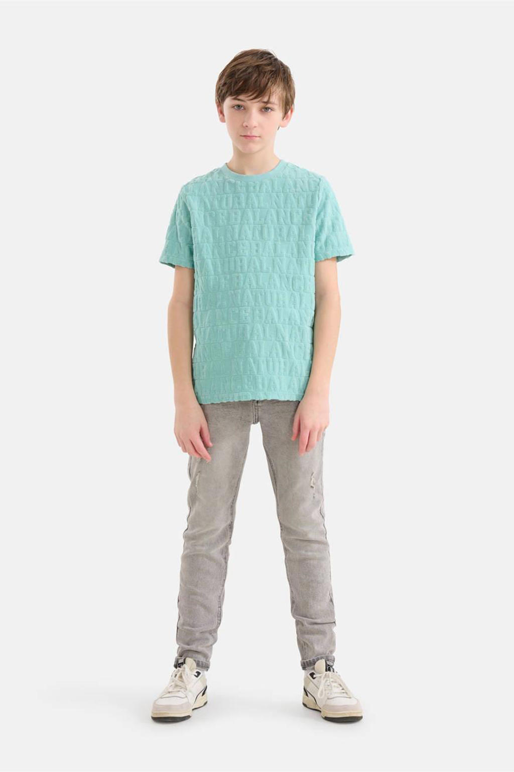 Lichtblauwe jongens Shoeby T-shirt van stretchkatoen met tekst print, korte mouwen en ronde hals