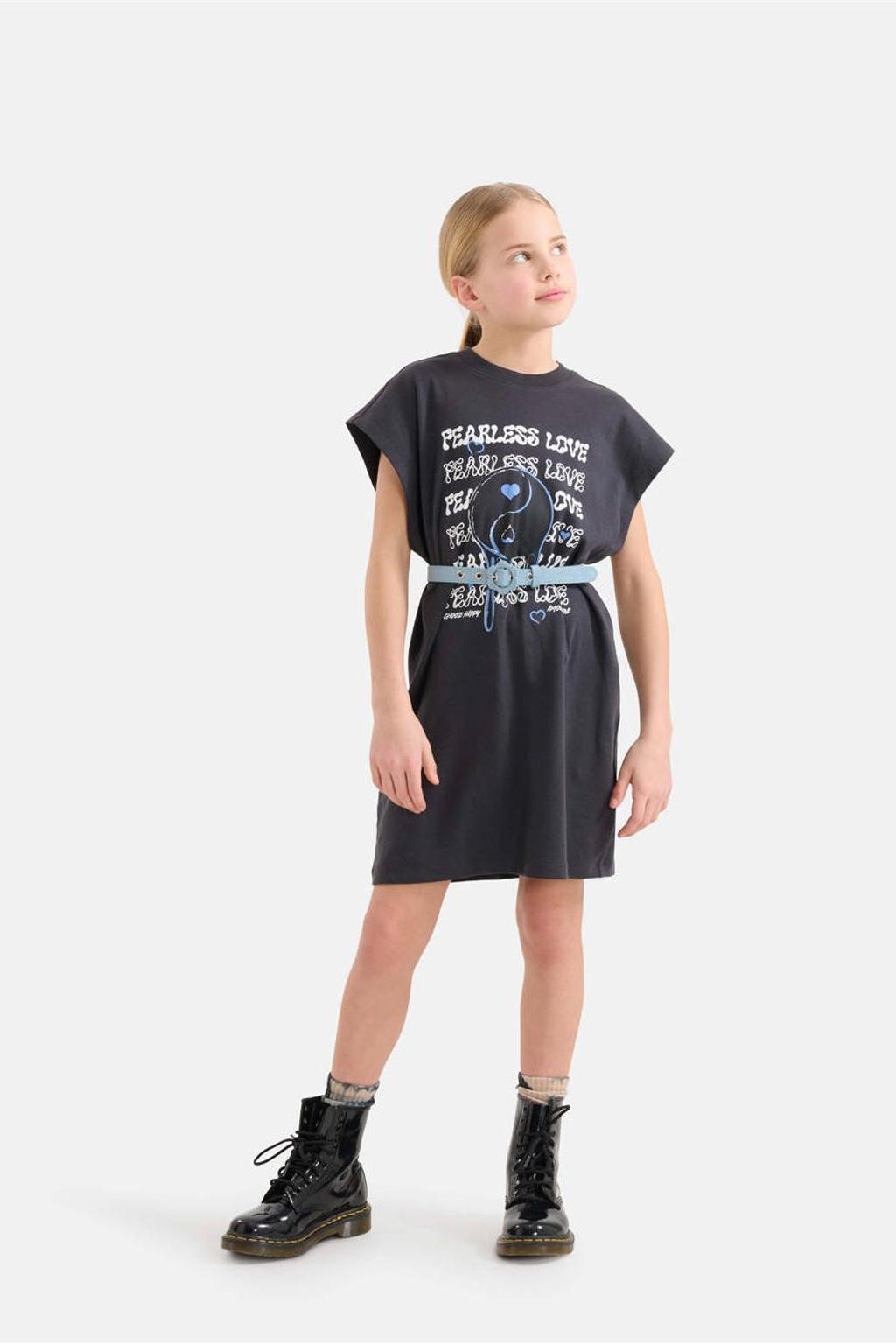 Zwarte meisjes Shoeby T-shirtjurk van katoen met printopdruk, korte mouwen en ronde hals