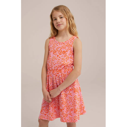 WE Fashion jurk met all over print roze oranje Meisjes Stretchkatoen Ronde hals 146 152