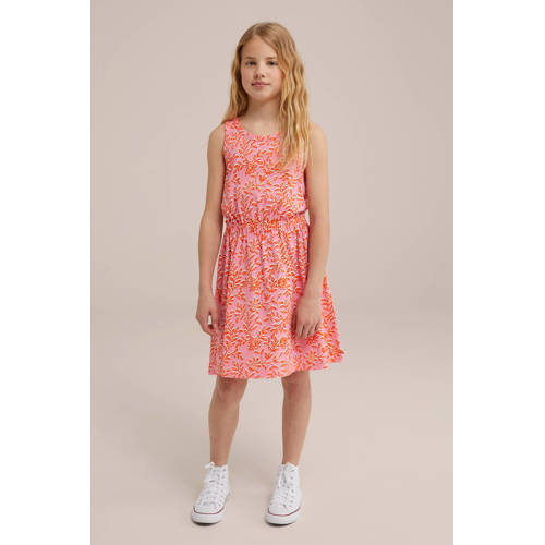 WE Fashion jurk met all over print roze oranje Meisjes Stretchkatoen Ronde hals 146 152