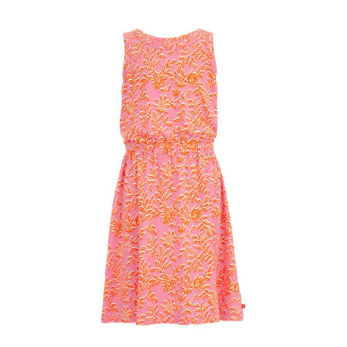 WE Fashion jurk met all over print roze/oranje Meisjes Stretchkatoen Ronde hals