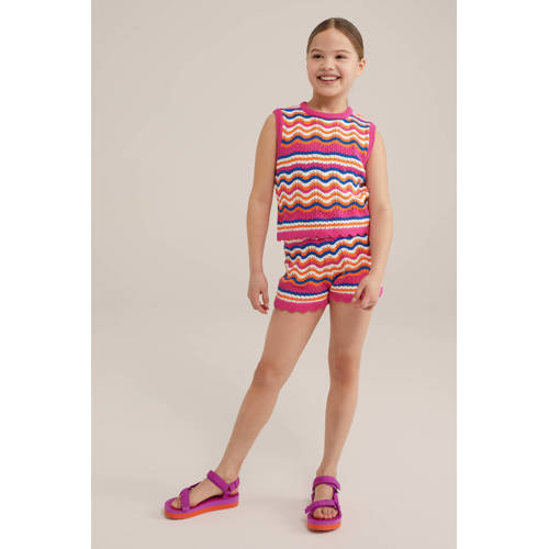 WE Fashion gestreepte straight fit casual short roze wit oranje Korte broek Multi Meisjes Katoen 170 176