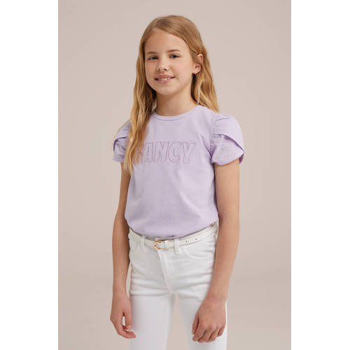 WE Fashion T-shirt met tekst lila Paars Meisjes Stretchkatoen Ronde hals 92
