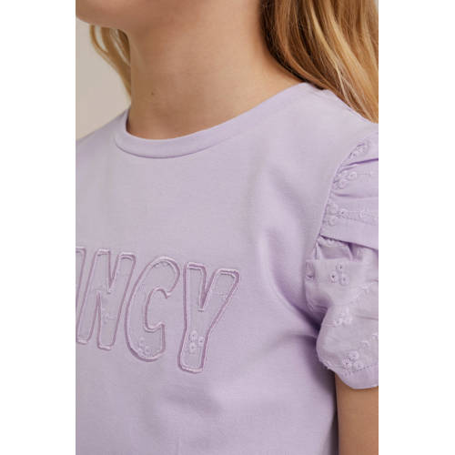 WE Fashion T-shirt met tekst lila Paars Meisjes Stretchkatoen Ronde hals 92