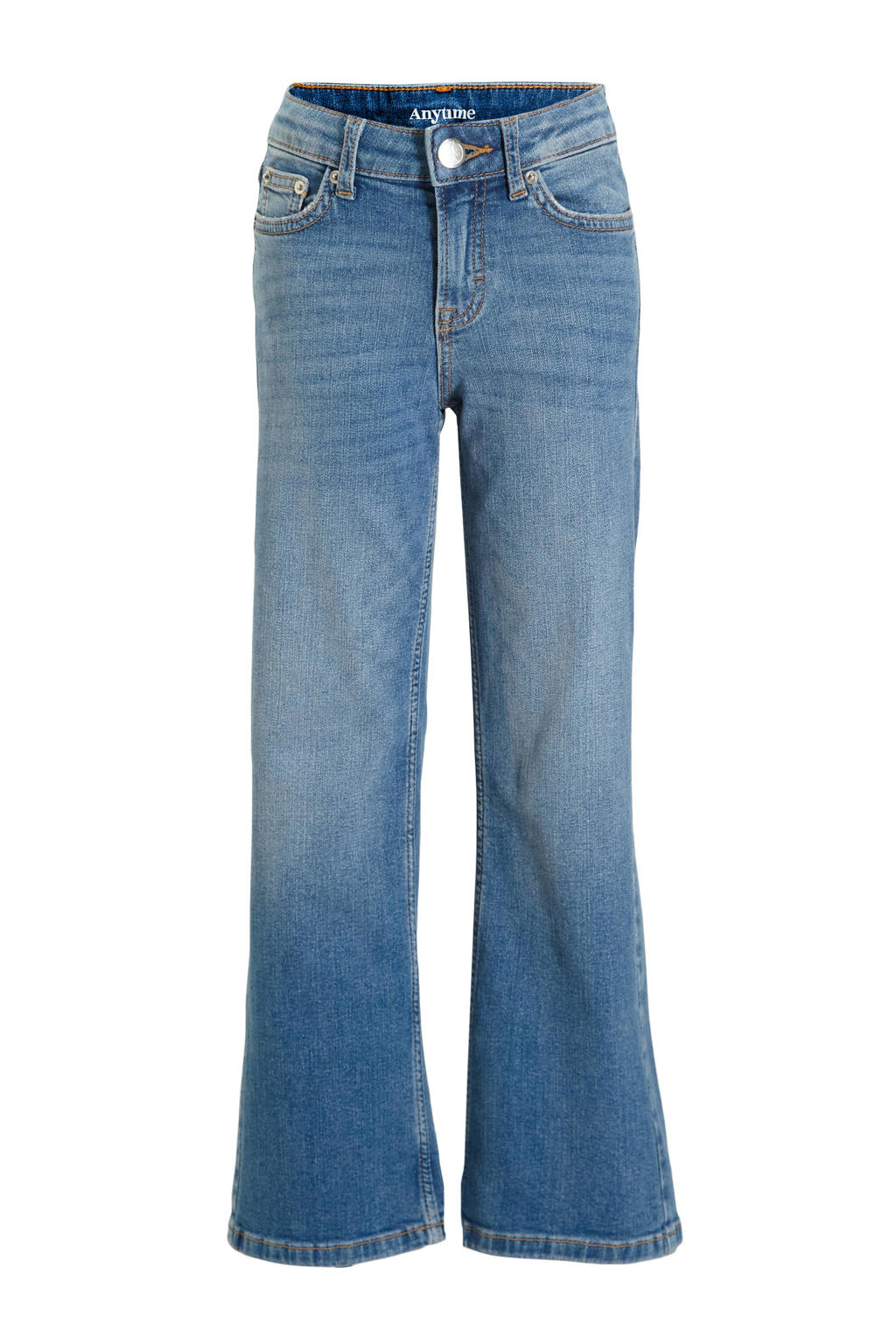 Medium blue denim meisjes anytime wide leg jeans medium van denim met high waist, rits- en knoopsluiting en effen