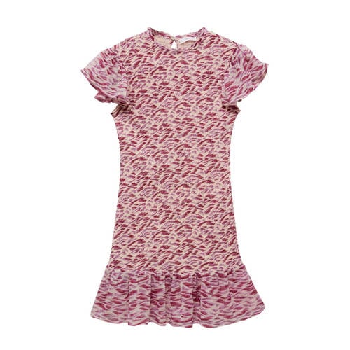 Mango Kids jurk met all over print en ruches roze/lichtbeige Meisjes Polyester Ronde hals - 164(S)