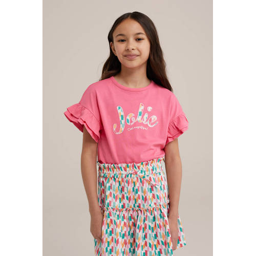 WE Fashion T-shirt met tekst en borduursels shrimp Roze Meisjes Katoen Ronde hals 98 104