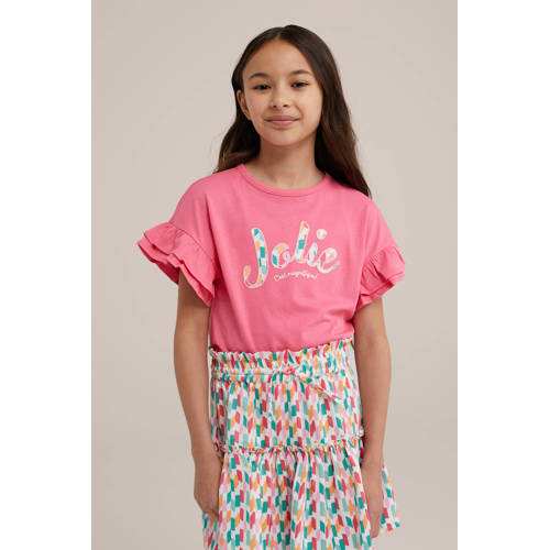 WE Fashion T-shirt met tekst en borduursels shrimp Roze Meisjes Katoen Ronde hals 122 128