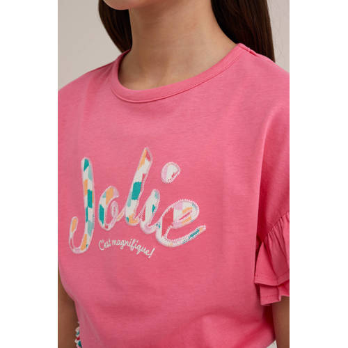 WE Fashion T-shirt met tekst en borduursels shrimp Roze Meisjes Katoen Ronde hals 98 104