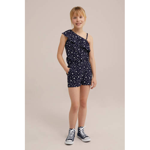 WE Fashion straight fit casual short met all over print donkerblauw Korte broek Meisjes Polyester 122 128