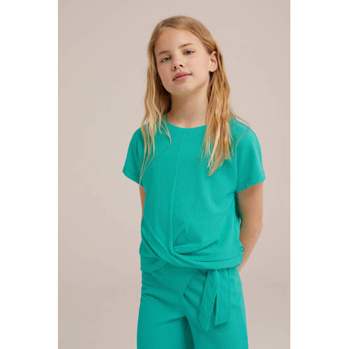 WE Fashion T-shirt groen Meisjes Polyester Ronde hals Effen 134 140