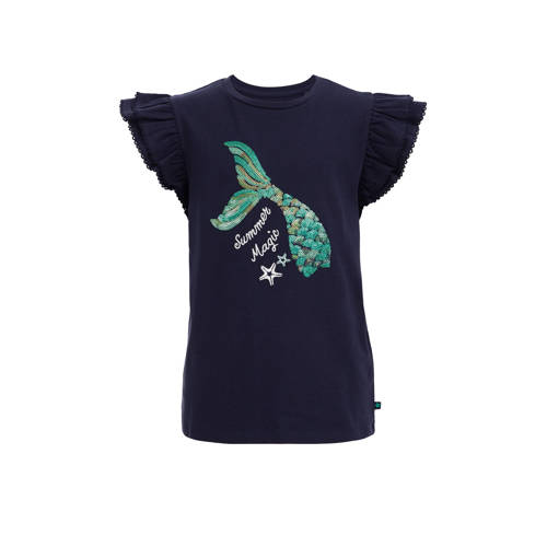WE Fashion T-shirt met printopdruk en pailletten donkerblauw Meisjes Stretchkatoen Ronde hals - 110/116