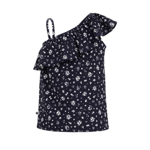 WE Fashion gebloemd one shoulderT-shirt donkerblauw wit Bloemen 110 116