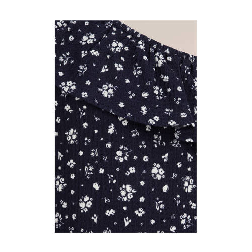 WE Fashion gebloemd one shoulderT-shirt donkerblauw wit Bloemen 110 116