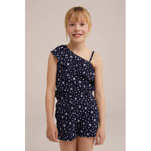 WE Fashion gebloemd one shoulderT-shirt donkerblauw wit Bloemen 110 116