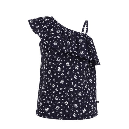 WE Fashion gebloemd one shoulderT-shirt donkerblauw/wit Bloemen - 110/116