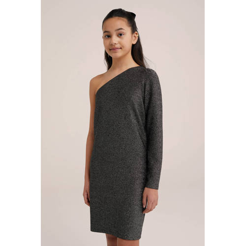 WE Fashion gemêleerde bodycon jurk zilver zwart Meisjes Viscose One shoulder 158 164