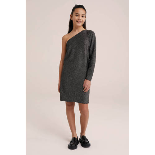 WE Fashion gemêleerde bodycon jurk zilver zwart Meisjes Viscose One shoulder 158 164
