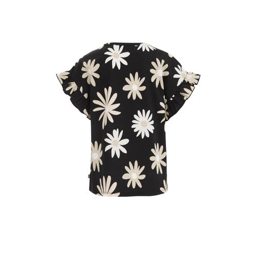 WE Fashion gebloemd T-shirt black uni Zwart Meisjes Katoen Ronde hals Bloemen 92