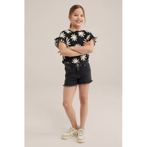 WE Fashion gebloemd T-shirt black uni Zwart Meisjes Katoen Ronde hals Bloemen 92