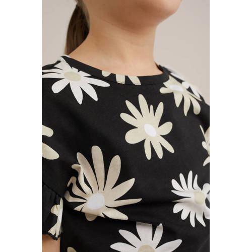 WE Fashion gebloemd T-shirt black uni Zwart Meisjes Katoen Ronde hals Bloemen 92