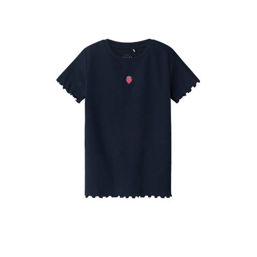 NAME IT KIDS T-shirt NKFVIVEMMA met printopdruk en textuur donkerblauw Meisjes Biologisch katoen Ronde hals
