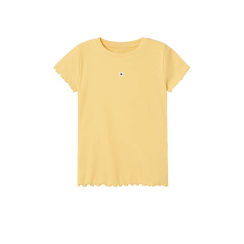 NAME IT KIDS T-shirt NKFVIVEMMA met printopdruk en textuur geel Meisjes Biologisch katoen Ronde hals