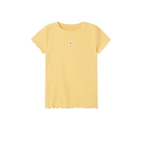 NAME IT KIDS T-shirt NKFVIVEMMA met printopdruk en textuur geel Meisjes Biologisch katoen Ronde hals