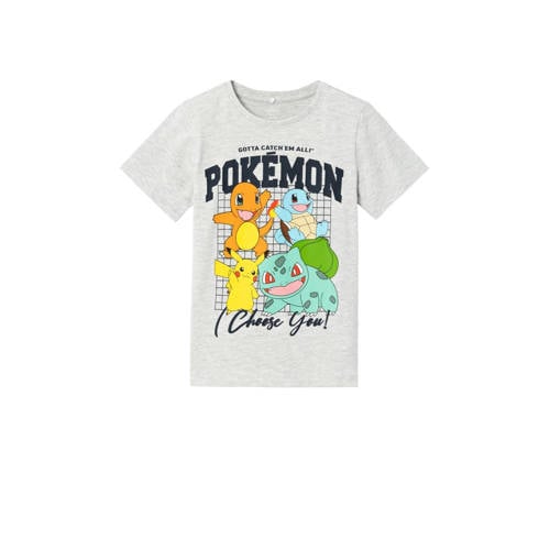 NAME IT KIDS Pokemon T-shirt NKMADAN met printopdruk lichtgrijs melange Jongens Stretchkatoen Ronde hals