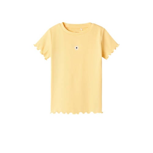 NAME IT MINI T-shirt NMFVIVEMMA met printopdruk en textuur warmgeel Meisjes Biologisch katoen Ronde hals