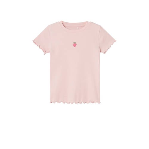 NAME IT MINI T-shirt NMFVIVEMMA met printopdruk en textuur zachtroze Meisjes Biologisch katoen Ronde hals