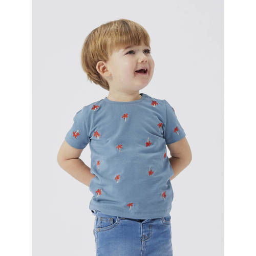 Name it MINI T-shirt NMMHELUR met all over print middenblauw rood Jongens Biologisch katoen Ronde hals 110