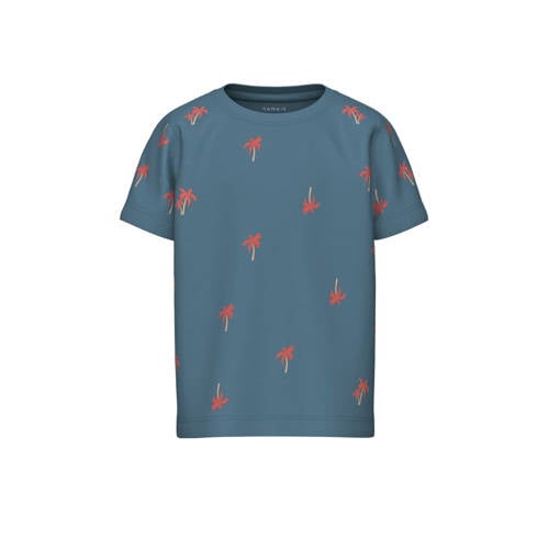 NAME IT MINI T-shirt NMMHELUR met all over print middenblauw/rood Jongens Biologisch katoen Ronde hals