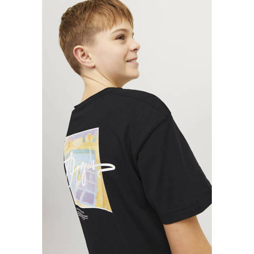 jack & jones JUNIOR T-shirt JORARUBA LANDSCAPE met backprint zwart Jongens Katoen Ronde hals 164