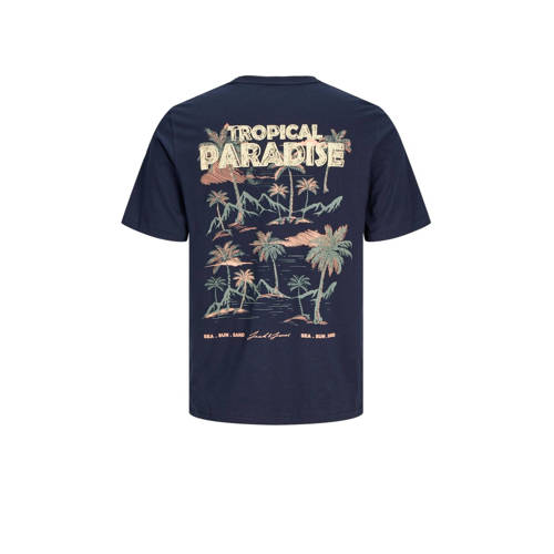 jack & jones JUNIOR T-shirt JORPALM met backprint donkerblauw Jongens Katoen Ronde hals 140