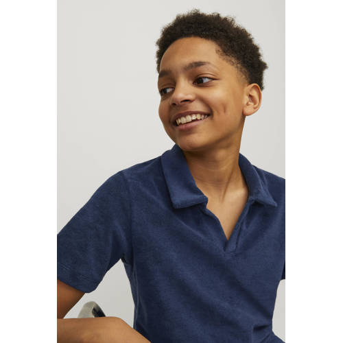 jack & jones JUNIOR badstof polo JPRBLA donkerblauw Effen 176