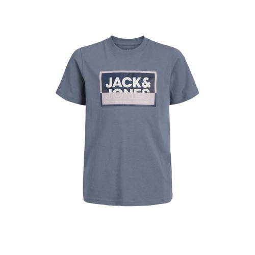 JACK & JONES JUNIOR T-shirt JCOLOGAN SOMMER met logo blauwgrijs Jongens Katoen Ronde hals