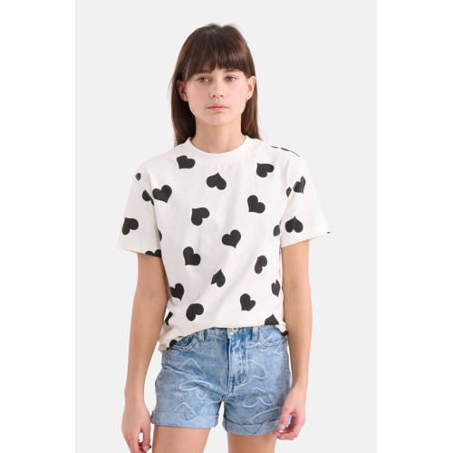 Shoeby T-shirt met hartjes wit zwart Meisjes Katoen Ronde hals Hartjes 146 152