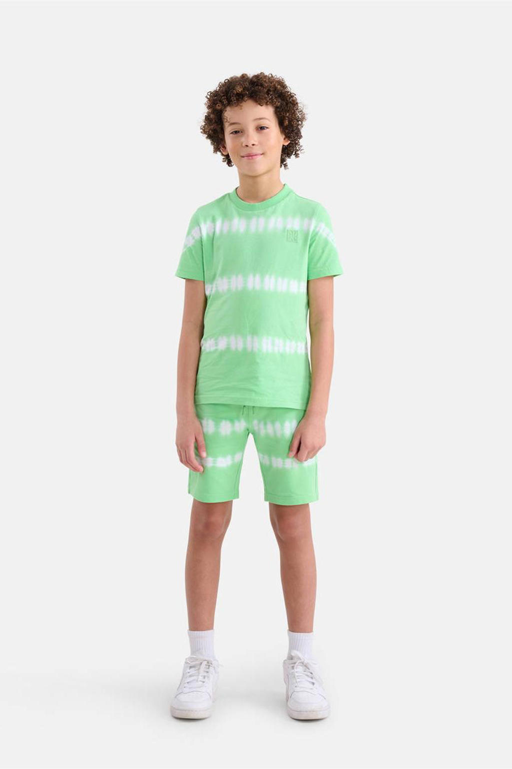 Groen en witte jongens Shoeby tie-dye T-shirt appeltjesgroen van katoen met korte mouwen en ronde hals