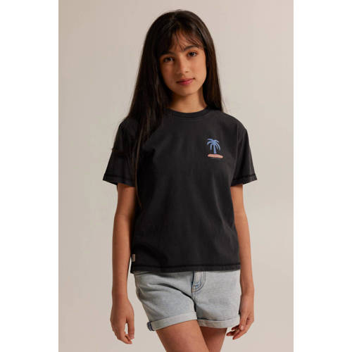America Today T-shirt met borstopdruk zwart Meisjes Katoen Ronde hals Backprint 134 140
