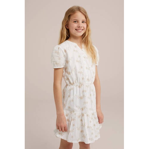 WE Fashion jurk met all over print wit Meisjes Katoen Ronde hals All over print 134 140