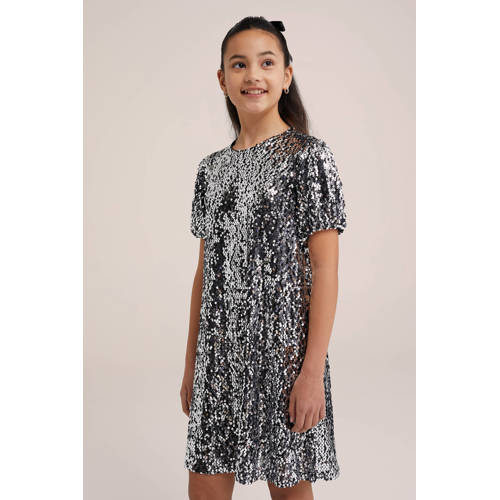 WE Fashion jurk zilver Meisjes Polyester Ronde hals Effen 158 164