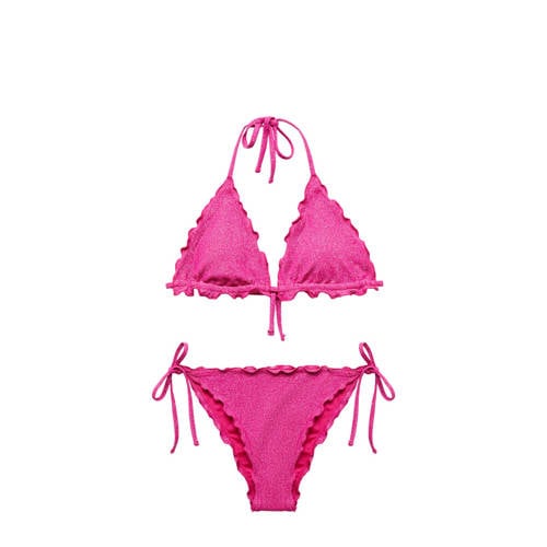 Mango Kids triangel bikini met ruches en lurex roze Meisjes Polyamide Effen - 164(S)