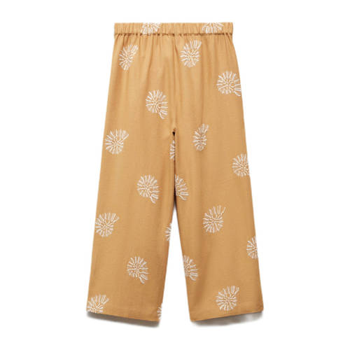 Mango Kids broek met all over print en borduursels mosterdgeel wit Meisjes Viscose 128