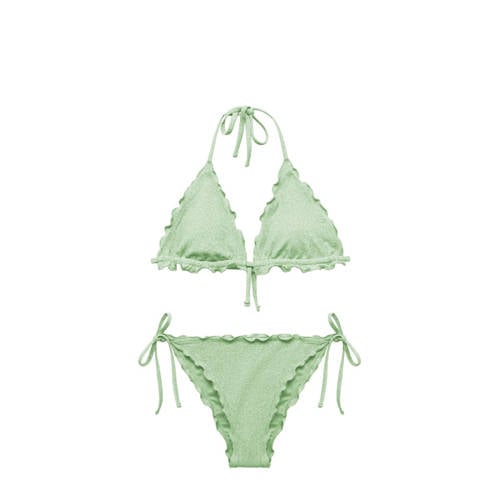 Mango Kids triangel bikini met ruches en lurex lichtgroen Meisjes Polyamide - 168(M)
