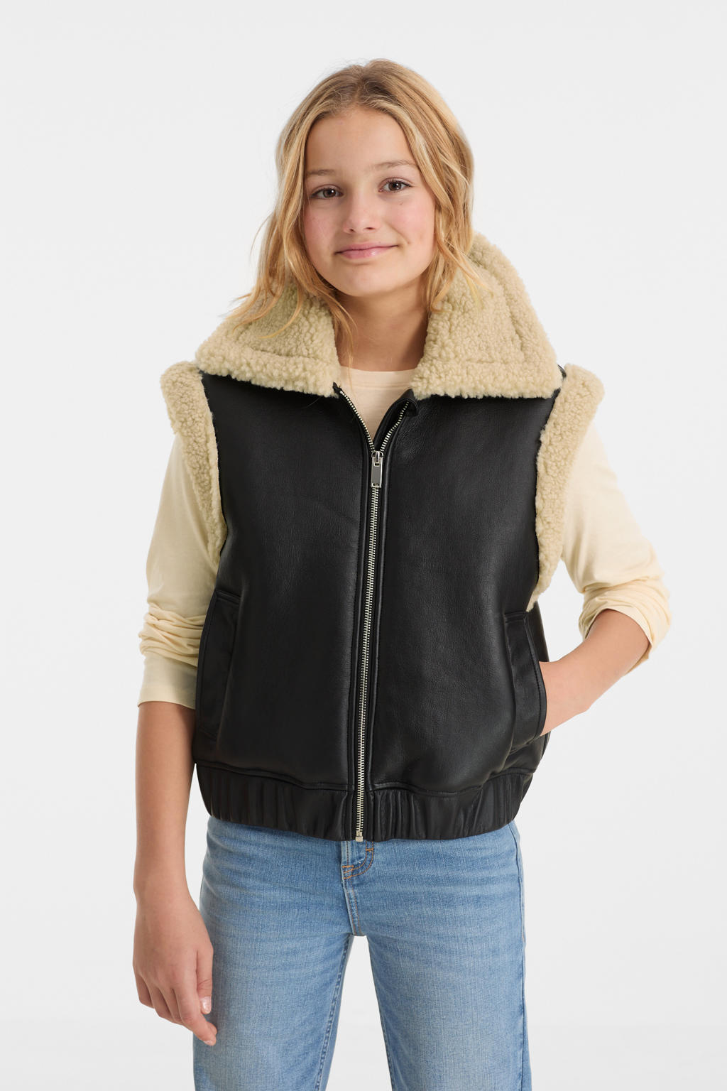 Zwarte meisjes anytime imitatieleren gilet met effen, schipperskraag en 2-way rits