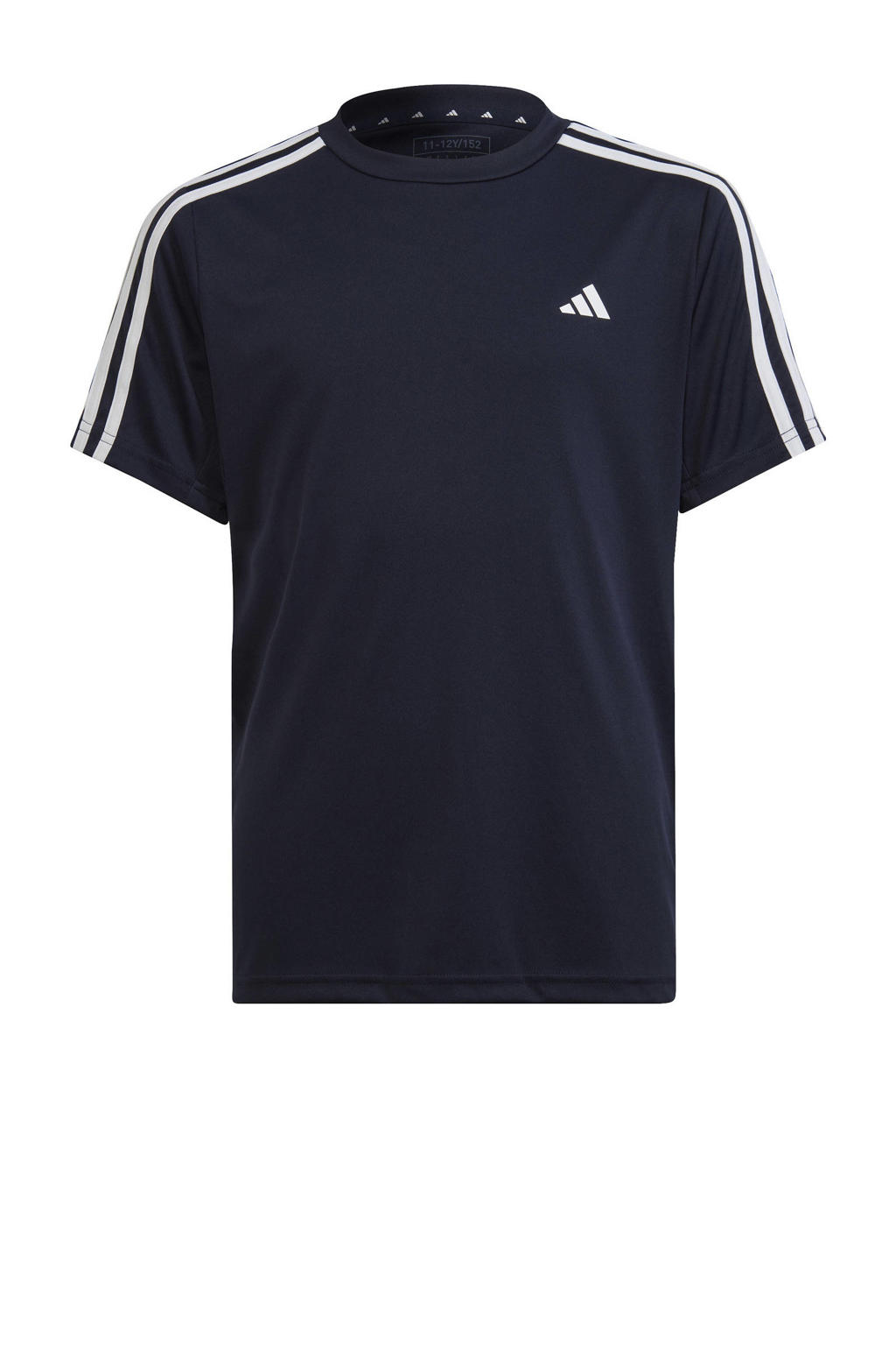 Donkerblauw en witte jongens adidas Sportswear sportshirt van polyester met strepenprint, korte mouwen en ronde hals